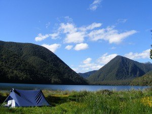 Camping, tent with mountains